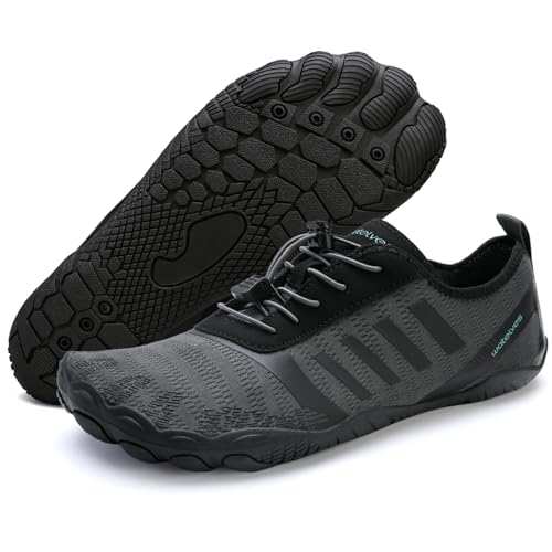 Damen Herren Barfußschuhe Wasserschuhe Aquaschuhe Badeschuhe Fitnessschuhe rutschfest Sohle Breiter Zehenbox(Dunkelgrau,43EU von WateLves