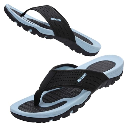 Herren Flip Flops Zehentrenner Leder mit Arch Support Sandalen Weich Leder Stoff Badelatschen Sommer Beach Rutschfest Hausschuhe Pantoletten(103 Dunkelgrau,42 EU) von WateLves