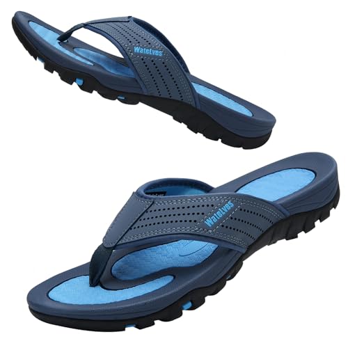 Herren Flip Flops Zehentrenner Leder mit Arch Support Sandalen Weich Leder Stoff Badelatschen Sommer Beach Rutschfest Hausschuhe Pantoletten(103 Schwarz Blau,41 EU) von WateLves