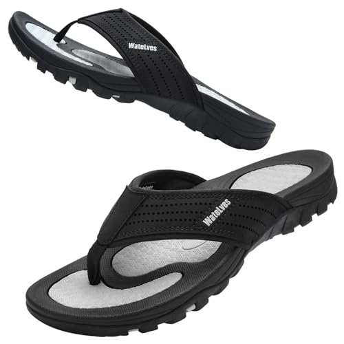 Herren Flip Flops Zehentrenner Leder mit Arch Support Sandalen Weich Leder Stoff Badelatschen Sommer Beach Rutschfest Hausschuhe Pantoletten(103 Schwarz Grau,41 EU) von WateLves