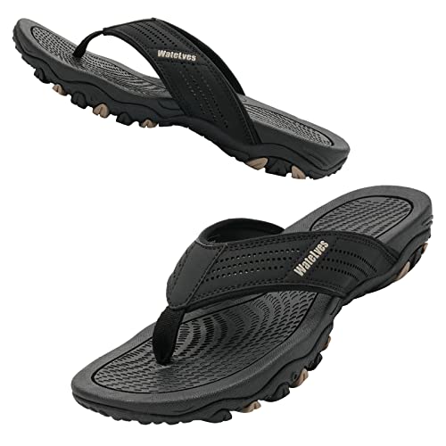 Herren Flip Flops Zehentrenner Leder mit Arch Support Sandalen Weich Leder Stoff Badelatschen Sommer Beach Rutschfest Hausschuhe Pantoletten(Schwarz,43 EU) von WateLves