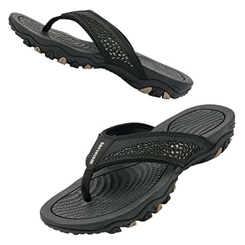 Herren Flip Flops Zehentrenner Leder mit Arch Support Sandalen Weich Leder Stoff Badelatschen Sommer Beach Rutschfest Hausschuhe Pantoletten(Schwarz weiß,40 EU) von WateLves