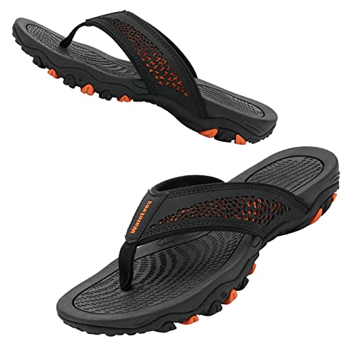 Herren Flip Flops Zehentrenner Leder mit Arch Support Sandalen Weich Leder Stoff Badelatschen Sommer Beach Rutschfest Hausschuhe Pantoletten(Schwarzorange,40 EU) von WateLves