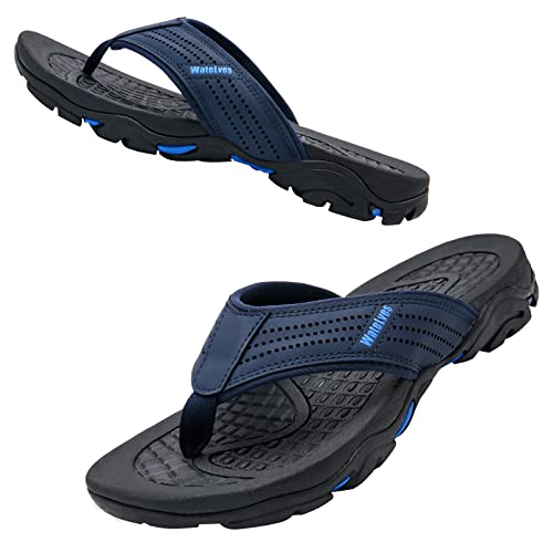 Herren Flip Flops Zehentrenner Leder mit Arch Support Sandalen Weich Leder Stoff Badelatschen Sommer Beach Rutschfest Hausschuhe Pantoletten(ZL103.Blue 42 EU) von WateLves