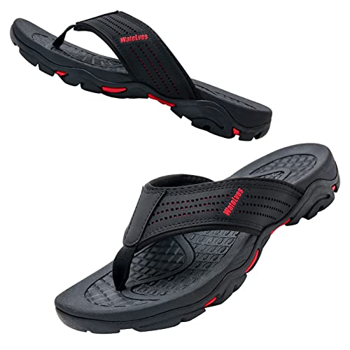 Herren Flip Flops Zehentrenner Leder mit Arch Support Sandalen Weich Leder Stoff Badelatschen Sommer Beach Rutschfest Hausschuhe Pantoletten(ZL103.Schwarzrot 40 EU) von WateLves