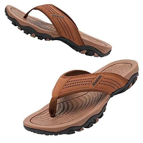 Herren Flip Flops Zehentrenner Leder mit Arch Support Sandalen Weich Leder Stoff Badelatschen Sommer Beach Rutschfest Hausschuhe Pantoletten(dunkelbraun,40 EU) von WateLves