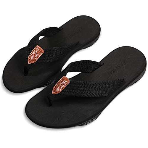 Herren Flip Flops Zehentrenner Leder mit Arch Support Sandalen Weich Leder Stoff Badelatschen Sommer Beach Rutschfest Hausschuhe Pantoletten(wx.schwarz,44 EU) von WateLves