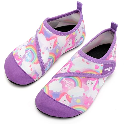 Kinder Badeschuhe Wasserschuhe Strandschuhe Mädchen Junge Schwimmschuhe Barfußschuhe rutschfeste Surfschuhe Sportschuhe Kleinkind Schwimmbad(223.DJS Rosa lila,32/33 EU) von WateLves