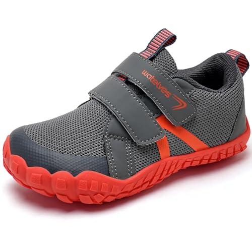 WateLves Barfußschuhe Kinder Barfussschuhe mit Klettverschluss Jungen Atmungsaktiv(Grau Orange 26EU) von WateLves
