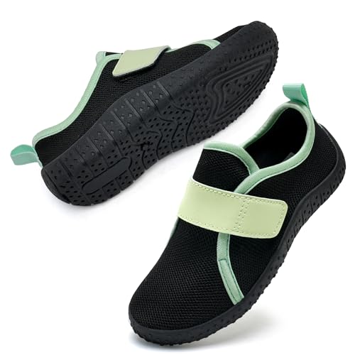 Kinder Wasserschuhe Aquaschuhe Jungen Schwimmschuhe rutschfest Strandschuhe Klettverschluss Barfussschuhe(Schwarz Grün 32EU) von WateLves