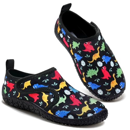 Kinder Wasserschuhe Jungen Badeschuhe Aquaschuhe Schwimmschuhe Strandschuhe rutschfeste Schuhe Schnell Trocknend(Schwarze Dinosaurier 31EU) von WateLves