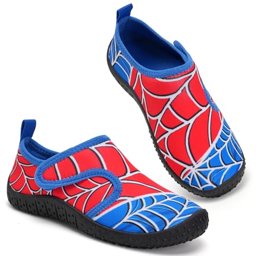 Kinder Wasserschuhe Jungen Badeschuhe Aquaschuhe Schwimmschuhe Strandschuhe rutschfeste Schuhe Schnell Trocknend(Spinnennetz BlauRot 27EU) von WateLves
