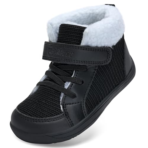 Kinder Winter Barfußschuhe Junge Mädchen Wanderschuhe Breite Barfuß Hausschuhe Barefoot Shoes Gefüttert Winterstiefel Hight Top(All Schwarz, 32EU) von WateLves
