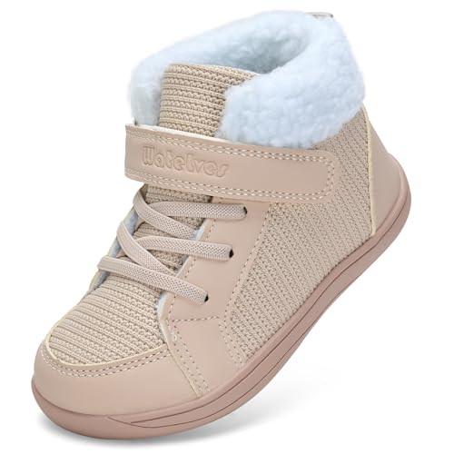 Kinder Winter Barfußschuhe Junge Mädchen Wanderschuhe Breite Barfuß Hausschuhe Barefoot Shoes Gefüttert Winterstiefel Hight Top(Beige, 29EU) von WateLves