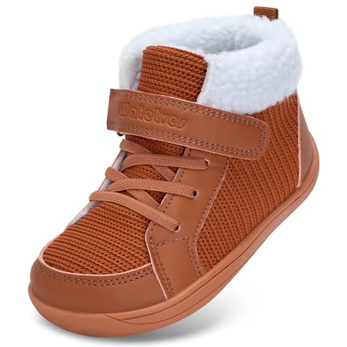Kinder Winter Barfußschuhe Junge Mädchen Wanderschuhe Breite Barfuß Hausschuhe Barefoot Shoes Gefüttert Winterstiefel Hight Top(Braun, 26EU) von WateLves