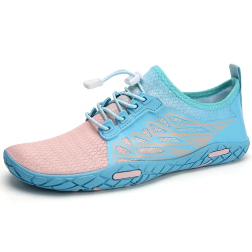 Strandschuhe Damen Herren Wasserschuhe Badeschuhe Unisex Atmungsaktiv Leicht Barfußschuhe rutschfeste für Schwimmen Tauchen (90 Rosa blau, 36EU) von WateLves