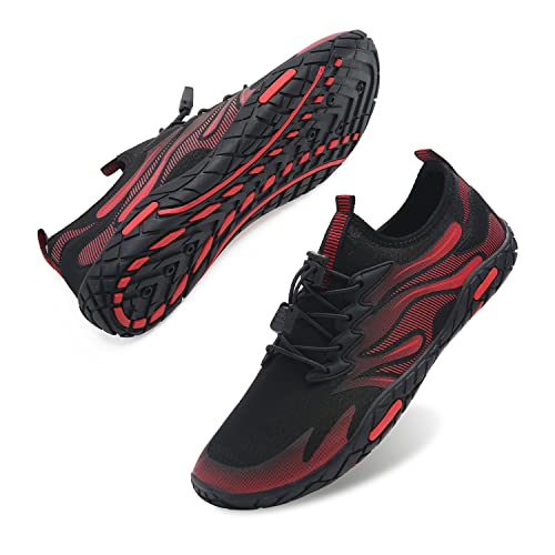 Strandschuhe Damen Herren Wasserschuhe Badeschuhe Unisex Atmungsaktiv Leicht Barfußschuhe rutschfeste für Schwimmen Tauchen (Flamme schwarz rot, 39EU) von WateLves