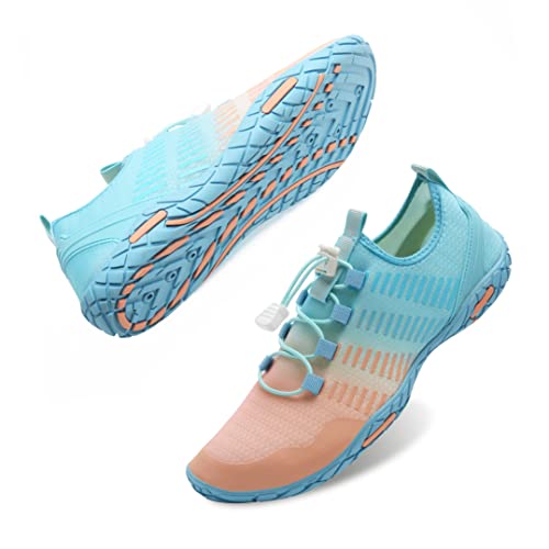 Strandschuhe Damen Herren Wasserschuhe Badeschuhe Unisex Atmungsaktiv Leicht Barfußschuhe rutschfeste für Schwimmen Tauchen (JB rosa blau, 36EU) von WateLves