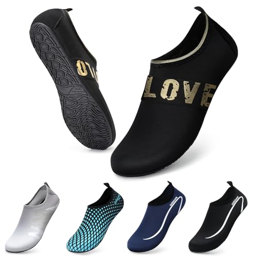 WateLves Wasserschuhe Badeschuhe Damen Herren Aquaschuhe Strandschuhe Schnell Trocknend Slip on Breathable Surfschuhe Unisex Schwimmschuhe für Beach Pool Surfen Yoga Goldene Love 36/37 von WateLves