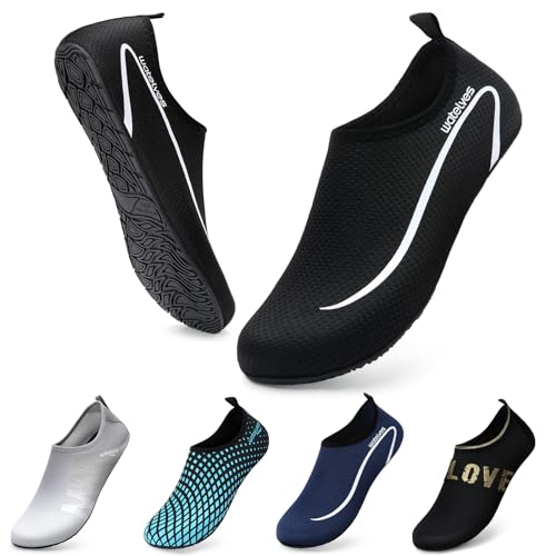 WateLves Wasserschuhe Badeschuhe Damen Herren Aquaschuhe Strandschuhe Schnell Trocknend Slip on Breathable Surfschuhe Unisex Schwimmschuhe für Beach Pool Surfen Yoga Linie Schwarz 44/45 von WateLves