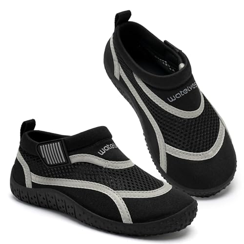 Wasserschuhe Kinder Jungen Klettverschluss Badeschuhe Kleinkind Schwimmschuhe Strandschuhe Mesh Aqua Schuhe(Schwarz,gr 26) von WateLves