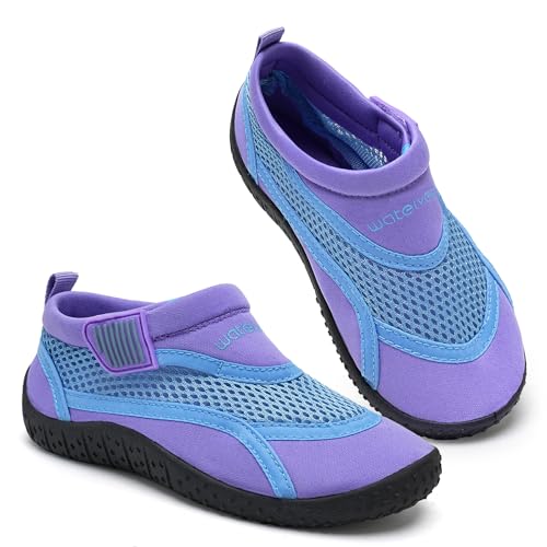 Wasserschuhe Kinder Mädchen Klettverschluss Badeschuhe Kleinkind Schwimmschuhe Strandschuhe Mesh Aqua Schuhe(Lila,gr 22) von WateLves