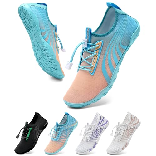 WateLves Badeschuhe Strandschuhe Damen Herren Schwimmschuhe Sommer Schnell Trocknend Surfschuhe Aquaschuhe Unisex Wasserschuhe Linie Orange Blau 37 EU von WateLves