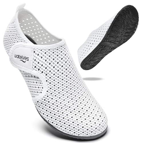 WateLves Badeschuhe Wasserschuhe Herren Damen Schwimmschuhe Strandschuhe Aquaschuhe Schnell Trocknend Breathable Surfschuhe Beach Pool Unisex(Netzauge Weiß 42/43) von WateLves