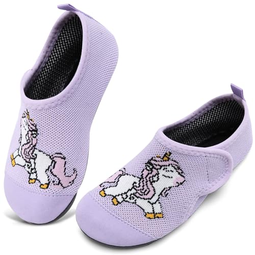 WateLves Hausschuhe Kinder Mädchen Slipper rutschfeste Leichte Turnschläppchen Flexibe Atmungsaktive Barfuss Pantoffeln Kindergarten Unisex(Mst Lila Einhorn,20 21 EU) von WateLves