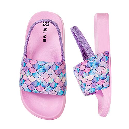 WateLves Kinder Badelatschen Badeschlappen Sommer Flache Hausschuhe Jungen Mädchen rutschfest Dusch Badeschuhe Kinder Pantoletten (Fischschuppen-Pink, 24/25EU) von WateLves