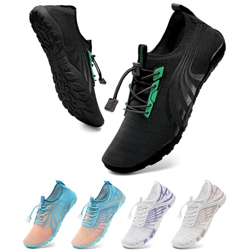 WateLves Badeschuhe Strandschuhe Damen Herren Schwimmschuhe Sommer Schnell Trocknend Surfschuhe Aquaschuhe Unisex Wasserschuhe Schwarz Grün 39 EU von WateLves
