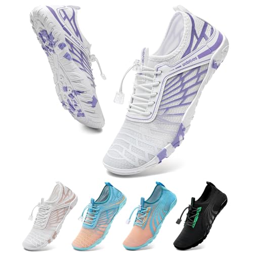 WateLves Badeschuhe Strandschuhe Damen Herren Schwimmschuhe Sommer Schnell Trocknend Surfschuhe Aquaschuhe Unisex Wasserschuhe Weiß Lila 39 EU von WateLves