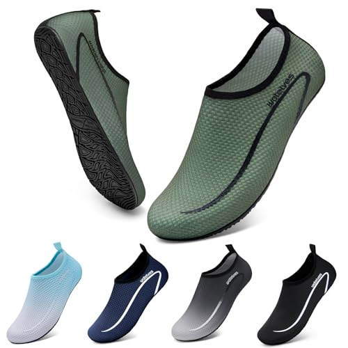WateLves Wasserschuhe Badeschuhe Damen Herren Aquaschuhe Strandschuhe Schnell Trocknend Slip on Breathable Surfschuhe Unisex Schwimmschuhe für Beach Pool Surfen Yoga Linie Armee Grün 42/43 von WateLves