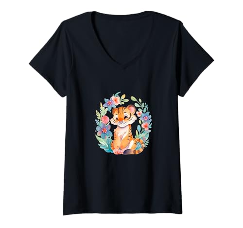 Damen Niedlicher Babytiger mit Blumen – Aquarell Tierkunst T-Shirt mit V-Ausschnitt von Watercolor Animal Art for Kids and Nature Lovers