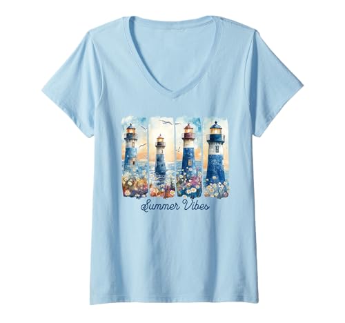 Damen Sommer Ozean Strand Leuchtturm Urlaub Reise New England T-Shirt mit V-Ausschnitt Damen Sommer Ozean Strand Leuchtturm Urlaub Reise New England T-Shirt mit V-Ausschnitt von Watercolor Artistic Beach Vacation and Travel