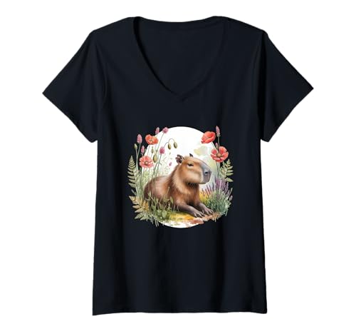 Damen Aquarell Capybara Lustige Blumen Tier Niedlich T-Shirt mit V-Ausschnitt Damen Aquarell Capybara Lustige Blumen Tier Niedlich T-Shirt mit V-Ausschnitt von Watercolor Capybara Fun Flowers Animal Cute