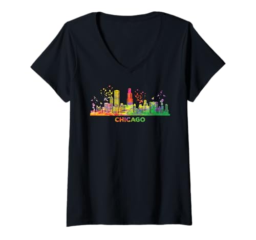 Damen Chicagoan Skyline Buntes Stadtbild Chicago T-Shirt mit V-Ausschnitt Damen Chicagoan Skyline Buntes Stadtbild Chicago T-Shirt mit V-Ausschnitt von Watercolor City Art Skyline Designs