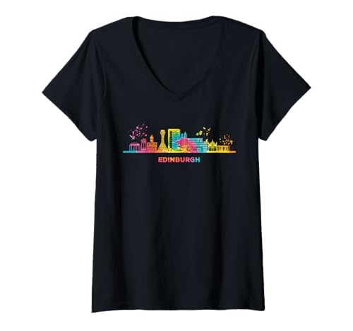 Damen Edinburgher Skyline Buntes Stadtbild Edinburgh T-Shirt mit V-Ausschnitt Damen Edinburgher Skyline Buntes Stadtbild Edinburgh T-Shirt mit V-Ausschnitt von Watercolor City Art Skyline Designs