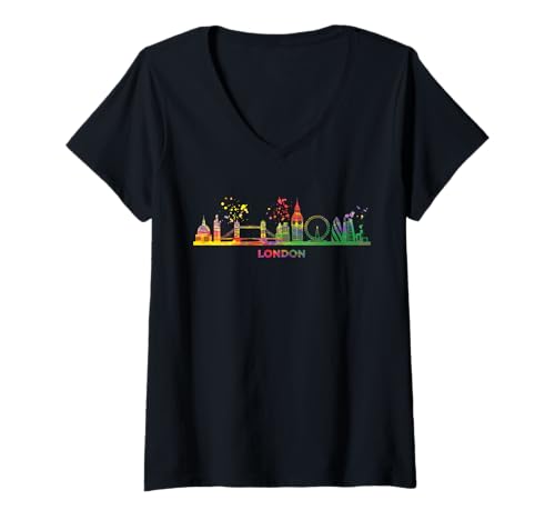 Damen Londoner Skyline Buntes Stadtbild London T-Shirt mit V-Ausschnitt Damen Londoner Skyline Buntes Stadtbild London T-Shirt mit V-Ausschnitt von Watercolor City Art Skyline Designs