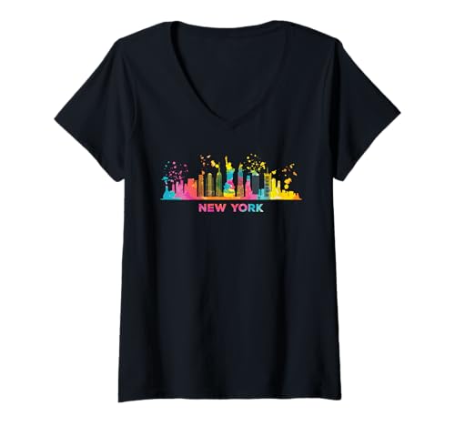 Damen New Yorkers Skyline Buntes Stadtbild New York T-Shirt mit V-Ausschnitt Damen New Yorkers Skyline Buntes Stadtbild New York T-Shirt mit V-Ausschnitt von Watercolor City Art Skyline Designs