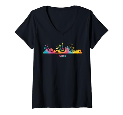 Damen Pariser Skyline Buntes Stadtbild Paris T-Shirt mit V-Ausschnitt Damen Pariser Skyline Buntes Stadtbild Paris T-Shirt mit V-Ausschnitt von Watercolor City Art Skyline Designs