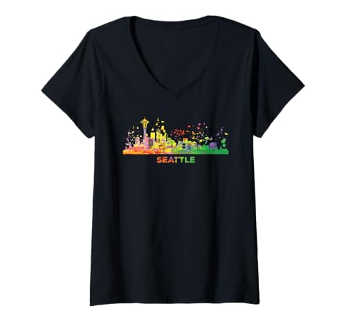 Damen Seattleite Skyline Buntes Stadtbild Seattle T-Shirt mit V-Ausschnitt Damen Seattleite Skyline Buntes Stadtbild Seattle T-Shirt mit V-Ausschnitt von Watercolor City Art Skyline Designs