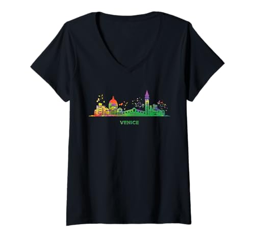 Damen Venezianische Skyline, buntes Stadtbild Venedig T-Shirt mit V-Ausschnitt von Watercolor City Art Skyline Designs