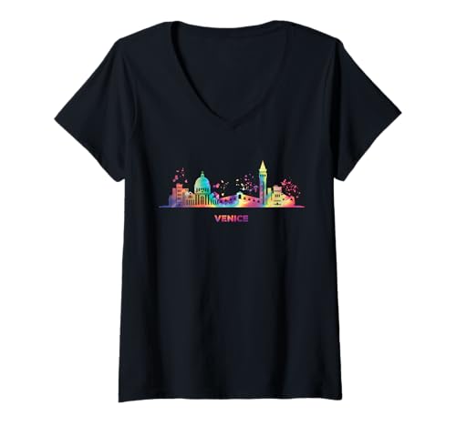 Damen Venezianische Skyline, buntes Stadtbild Venedig T-Shirt mit V-Ausschnitt Damen Venezianische Skyline, buntes Stadtbild Venedig T-Shirt mit V-Ausschnitt von Watercolor City Art Skyline Designs