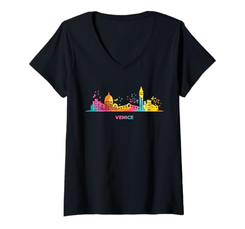 Damen Venezianische Skyline, buntes Stadtbild Venedig T-Shirt mit V-Ausschnitt Damen Venezianische Skyline, buntes Stadtbild Venedig T-Shirt mit V-Ausschnitt von Watercolor City Art Skyline Designs