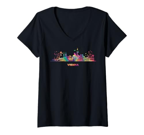 Damen Vienesse Skyline Buntes Stadtbild Wien T-Shirt mit V-Ausschnitt von Watercolor City Art Skyline Designs