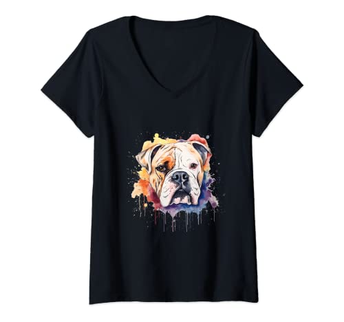 Damen Bunte amerikanische Bulldogge Aquarellkunst T-Shirt mit V-Ausschnitt Damen Bunte amerikanische Bulldogge Aquarellkunst T-Shirt mit V-Ausschnitt von Watercolor Dog Face Of American Bulldog