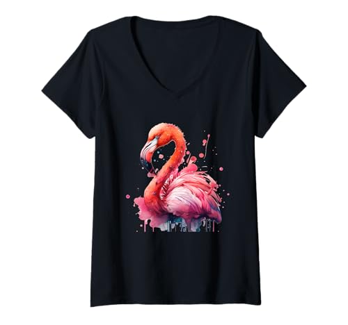 Damen Aquarell Flamingo Schöne Spritzer Tropische Vogel Strand T-Shirt mit V-Ausschnitt von Watercolor Painting Pretty Splash Flamingo Drips