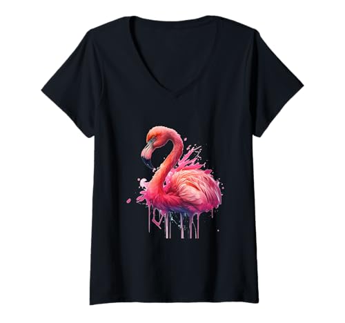 Damen Flamingo Aquarell Splash tropft Hübsche Tiermalerei Vogel T-Shirt mit V-Ausschnitt von Watercolor Painting Pretty Splash Flamingo Drips