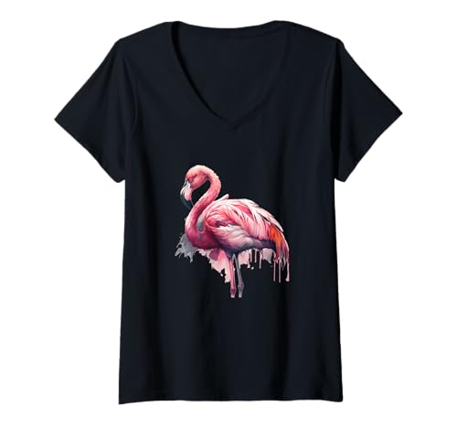 Damen Flamingo Malerei Splash Aquarell Drips Pretty Bird Animal T-Shirt mit V-Ausschnitt von Watercolor Painting Pretty Splash Flamingo Drips